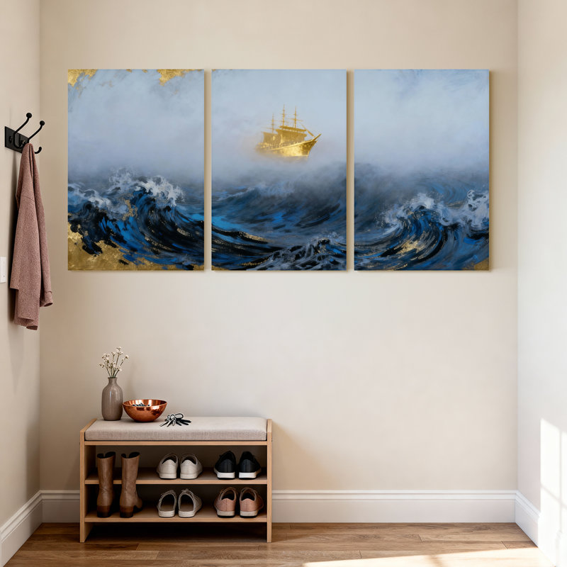 «Golden Ship On Stormy Ocean Waves», ensemble de 3 impressions sur toile, H 18 po x l 36 po