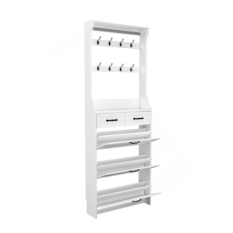 NEW White Color Shoe Cabinet  With 3 Doors 2 Drawers With Hanger,Large Space For Storage, White