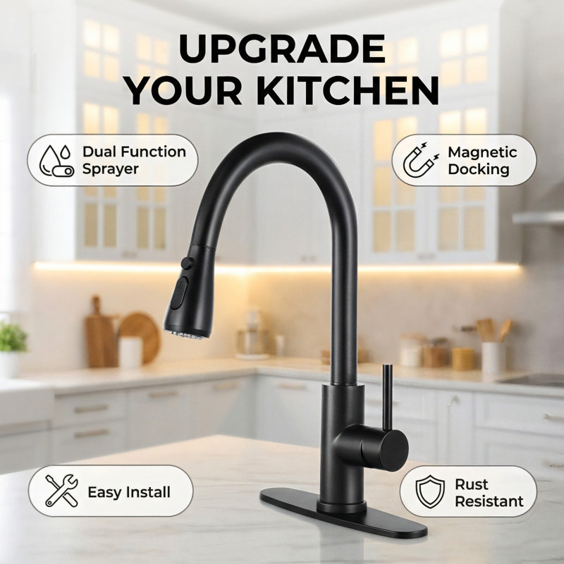 15.35 In. Single Handle Pull Down Sprayer Kitchen Faucet Commercial Sink With 360° Swivel Spout & Deck Plate, Matte Black