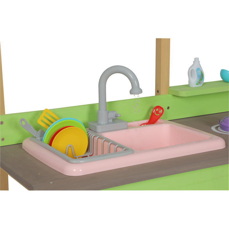 Kinsley Wood Mud Kitchen Outdoor Playset, Pretend Cooking & Water Play Toy Set with Storage Cabinet