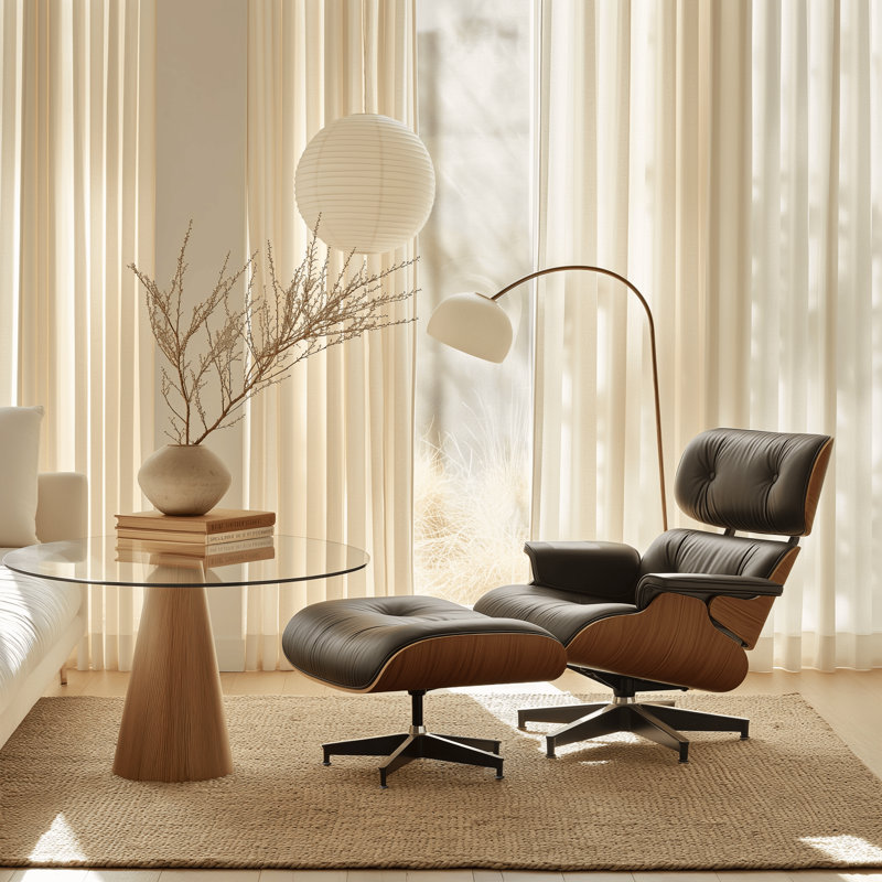 Leather Swivel Accent Chair With Ottoman, Naturalwood/BlackPU