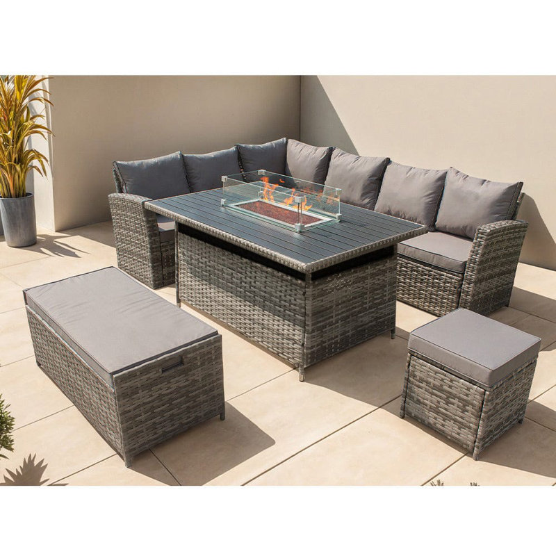 Rosen 9 Seater Corner Sofa  Set With Fire-pit Dining Table With Storage Box & Rain Cover, Grey