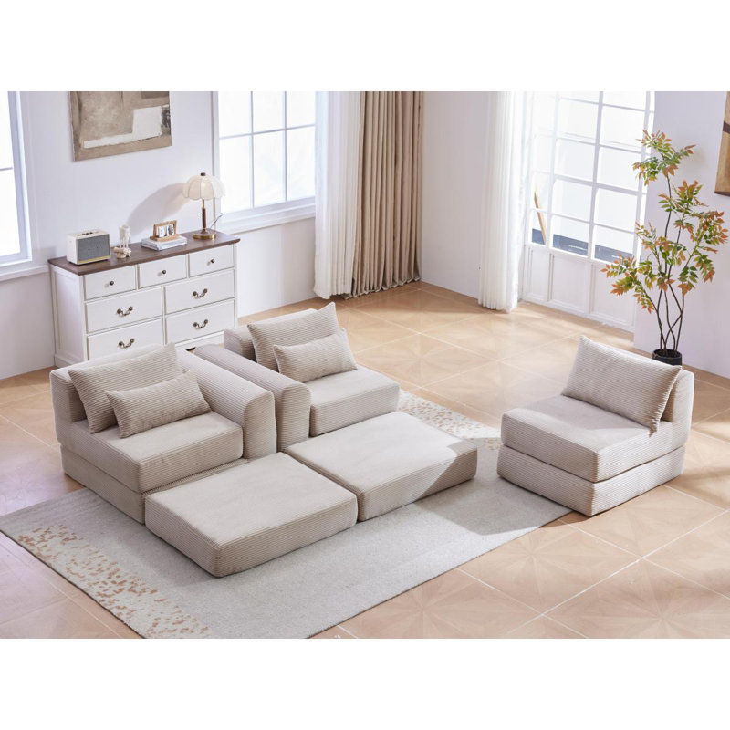 Ensemble de canapé de canapé modulaire rembourré, ensemble de canapé de salon modulaire en forme de L de 100 po avec 5 coussins, canapé-lit bricolage pour salon, appartement, chambre à coucher, chameau