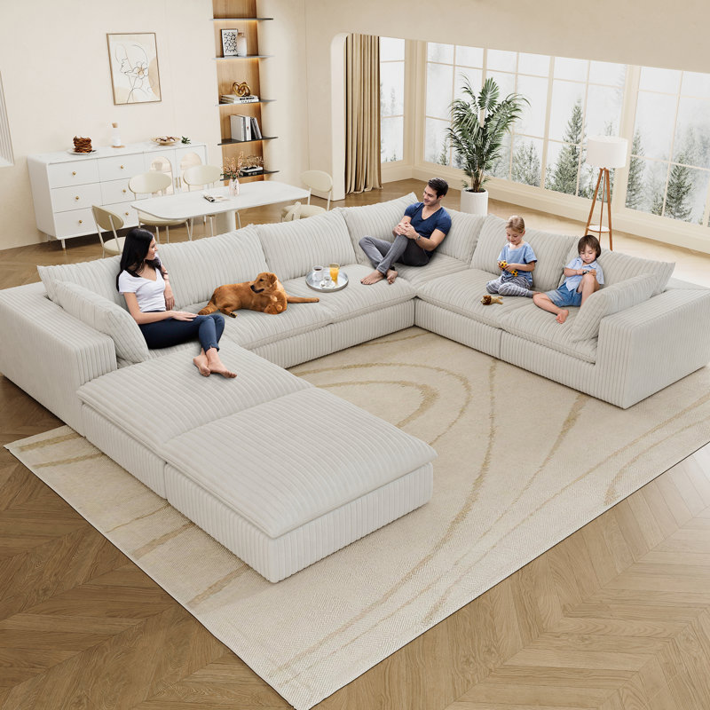 Nuage de velours côtelé blanc 157,6 po, 8 sièges, coussin amovible, conception à deux couches, sans assemblage, bricolage pour la maison et le bureau, luxe rembourré de plumes, éponge pure, envoi peu encombrant