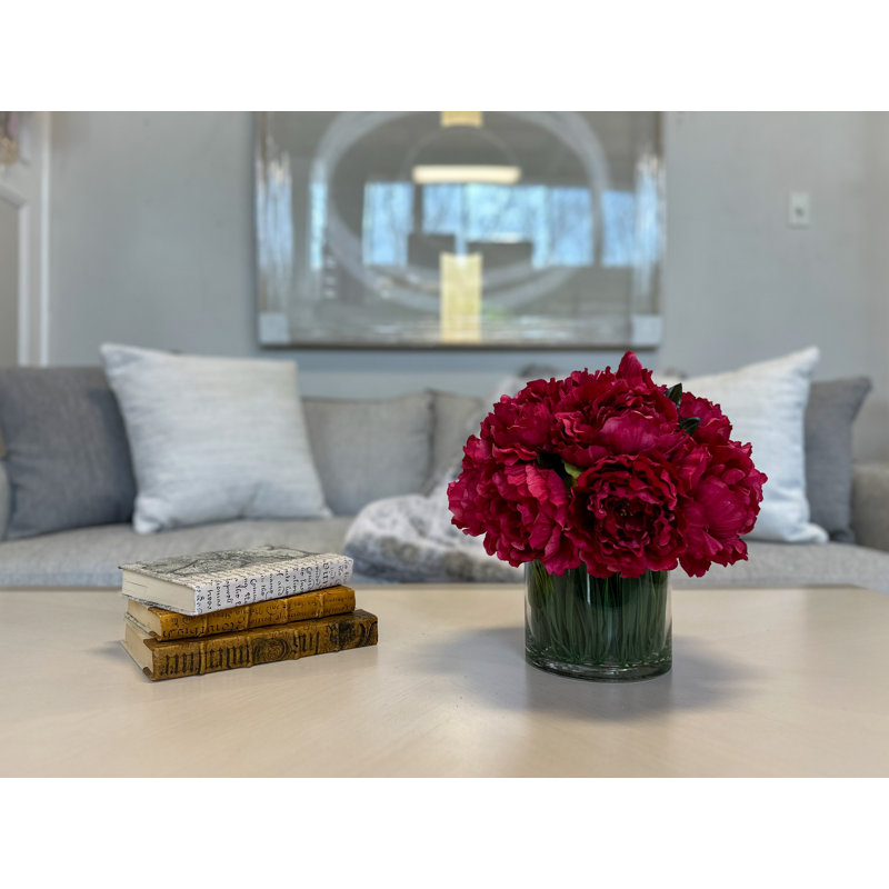 Peony Arrangement in Glass Vase with Grass, Magenta