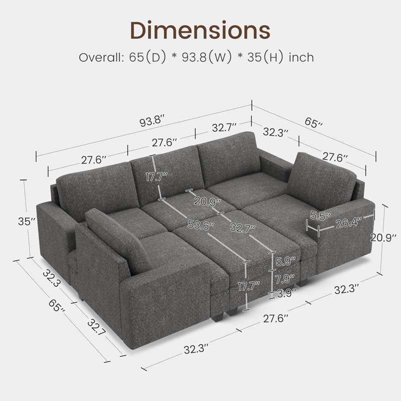 Anureet Modular Sectional Sofa U-Shaped Sleeper Sofa Bed With Storage Space, Light Gray Polyester, 35" H x 93.38" W x 65" D