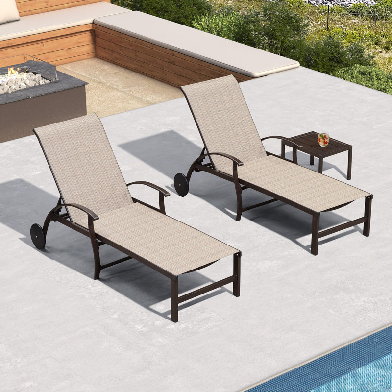 Klement Outdoor Patio Aluminum Chaise Lounge With Wheel,Retro And Modern, Light Beige