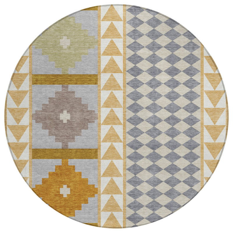 Machine Washable Indoor/Outdoor Chantille ACN2522 Southwest Rug, Gold, Round 8'