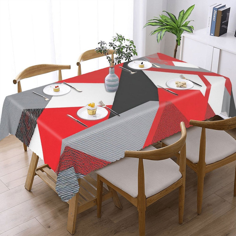 Red Black White Geometric Patchwork Table Cover with Scalloped Edges 60 x 120 in for Rectangular Table Restaurant Backyard Party