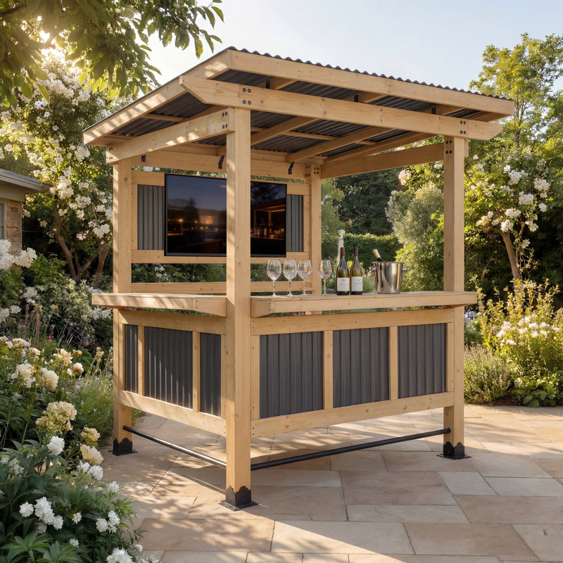 6X7FT Ceder Wood Bar Pergola Entertainment Bar Center With Double Bar & TV Mount