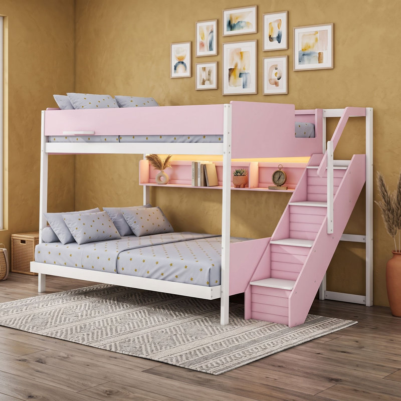 Lit superposé en bois avec éclairage sous le lit pour moderne et escalier, Double TG sur grand, Rose