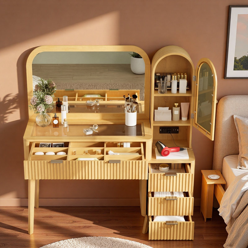 Fluted Makeup Vanity Desk With Large Mirror, 4 Drawers, Storage Cabinet, Charging Station And Glass Display Top