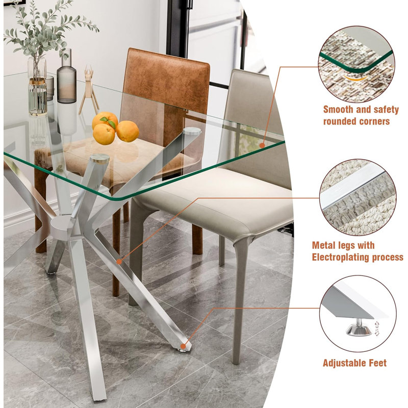 47.2" Rectangular Tempered Glass Dining Table with Metal Legs, Silver/Clear, Silver