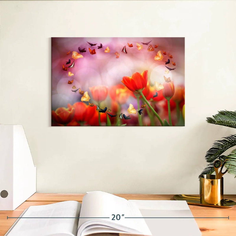 Hardie, tulipes et papillons, H 8 po x l 12 po