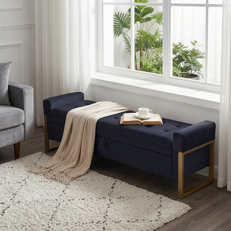 67'' W Modern Upholstered Flip Top Velvet Storage Bedroom Bench, Black Velvet