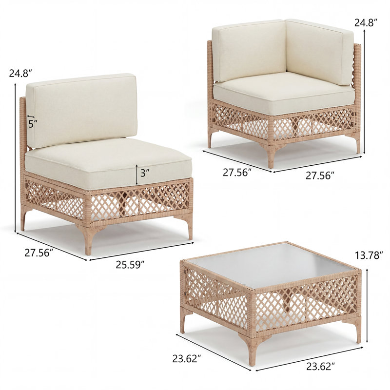 Ensemble de conversation modulaire à 6 places en osier de patio avec coussins, Beige