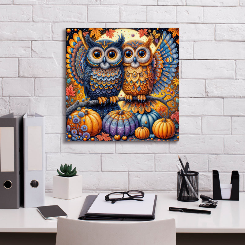  «Two Owls Fall Thème 1» par Rey Klimt, art mural sur toile, 18 po x 18 po, H 18 po x l 18 po