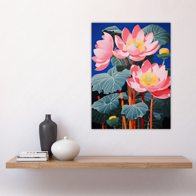 Wall Art Print Blooming Lotus Flowers Detailed Graphic Painting Pink Stylised Aquatic Plant Poster