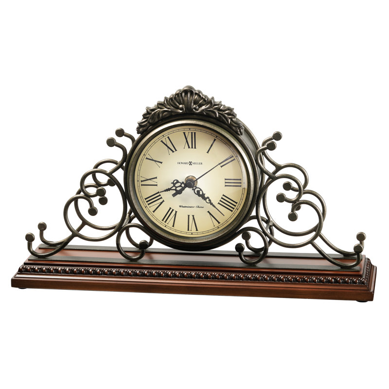 Adelaide Traditional Mantel Clock, Wrought Iron Frame on Hardwood Base, Westminster Chime, Convex Glass
