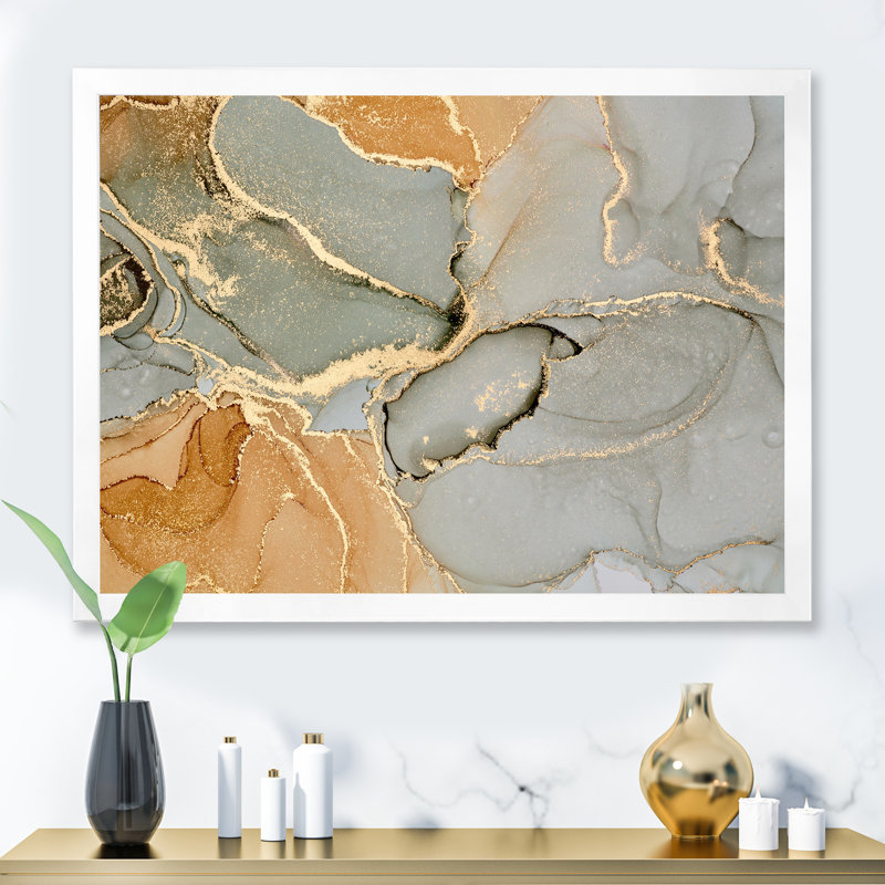 «Brown Luxury Abstract Fluid Art VI», peinture sur toile, H 30 po x l 40 po x P 1,5 po, Cadre photo blanc