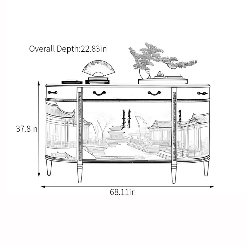 Buffet luxueux demi-cercle de style français, 37.8" H x 68.11" W x 22.83" D