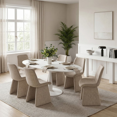7-Piece Modern Oval Dining Table Set For 6 With Upholstered Dining Chairs