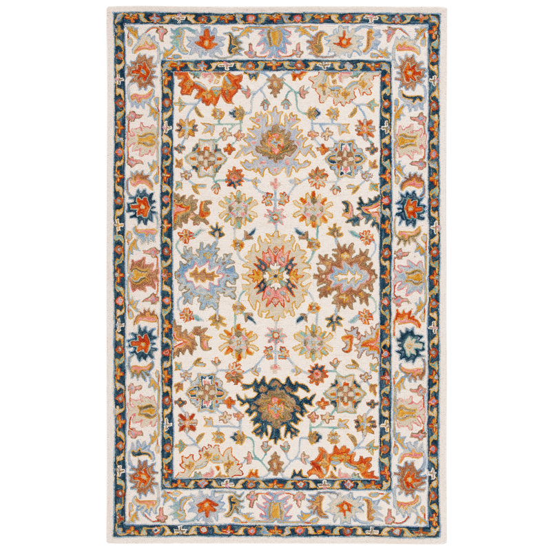 Fredericke Tufted Wool/Cotton Performance Oriental Rug in White/Blue/Yellow, Rectangle 4' x 6'