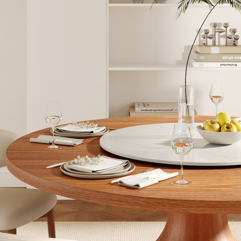 Round Solid Wood Otelia Otelia With Lazy Susan Mid-Century Modern For 4/6/8/10, 29.5"H x 59"L x 59"W