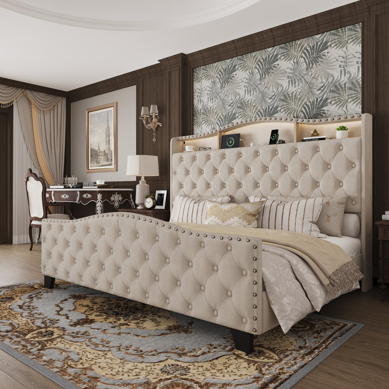 Lit plateforme capitonné capitonné avec lumière, Beige, King