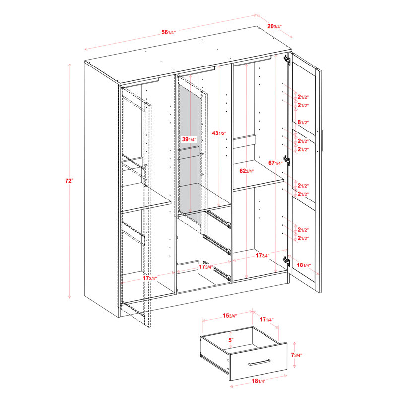 Armoire-penderie 100% bois massif avec tiroirs et tablettes réglables Bassam, Noir