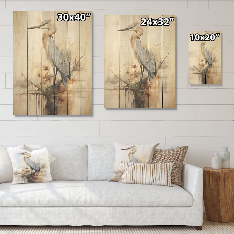 «Majestic Heron Horizon I», art mural sur bois de pin naturel, H 20 po x l 10 po
