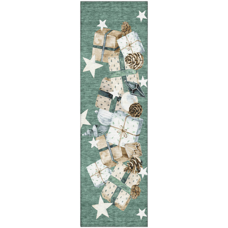 Premium Machine Washable Castillon AMF1825 Stars and Presents Holiday Rug, Runner 2'3" x 7'6"