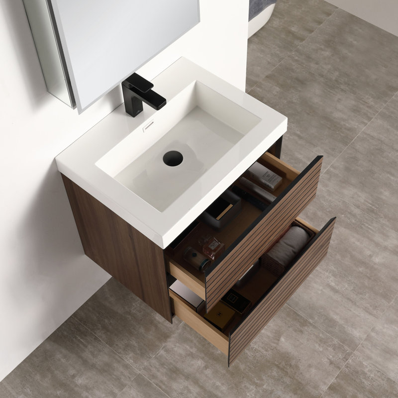 Meuble-lavabo mural 24 po avec lavabo, meuble-lavabo tout bois flottant, Brun