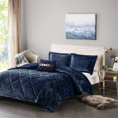 Édredon luxueux en velours bleu marine très grand / très grand - rembourré, motif à losanges, avec coussin