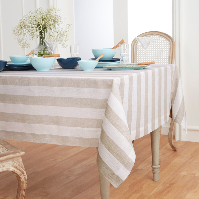 Cabana Stripe - 100% Pure Linen Tablecloth, Natural/White, 120" x 60"