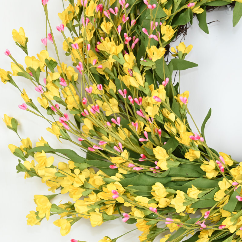 Couronne florale artificielle 24 po pour la porte d'entrée, Rose / Vert / Jaune