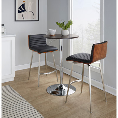 Mason Swivel Mid-Century Modern Counter Height Dining Set With Adjustable Table In Chrome Metal, Brown Wood Tabletop, Stainless Steel And Black Faux Leather By Lumisource - 3 Piece