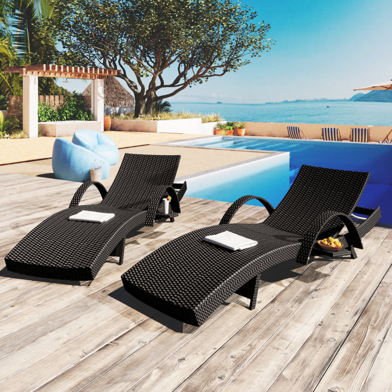 80'' Outdoor Wicker Chaise Lounge Chairs Set of 2 Patio Rattan Reclining Chair Pool Sunbathing Recliners, Black
