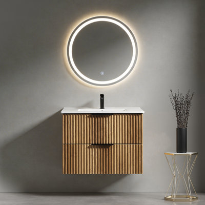Meuble-lavabo mural 30 po avec panneau cannelé 3D et lavabo intégré en céramique