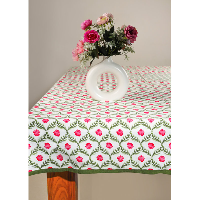 Lotus Garden Block Print Cotton Tablecloth