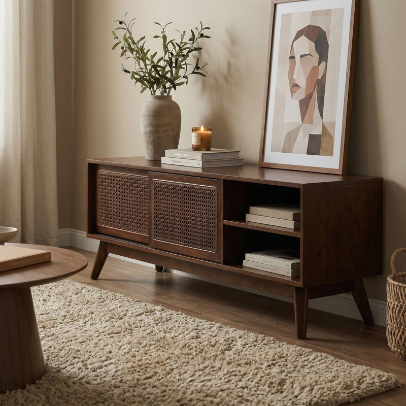 Meuble télé 59 po Mid-Century Rattan, Walnut