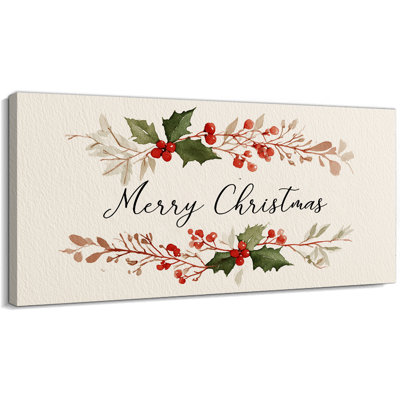 Art mural sur toile Merry Christmas, peinture d'aquarelle botanique de vacances, impressions sur toile de ferme d'hiver rétro, œuvre de décoration murale de Noël pour le salon ou la cuisine, 12 po x 24 po