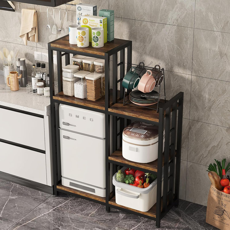 Étagère de cuisine à 6 niveaux avec hauteur réglable, étagère de rangement autoportante pour micro-ondes, mini réfrigérateur, bar à café et organisateur de batterie de cuisine, cadre en métal robuste et tablettes en bois