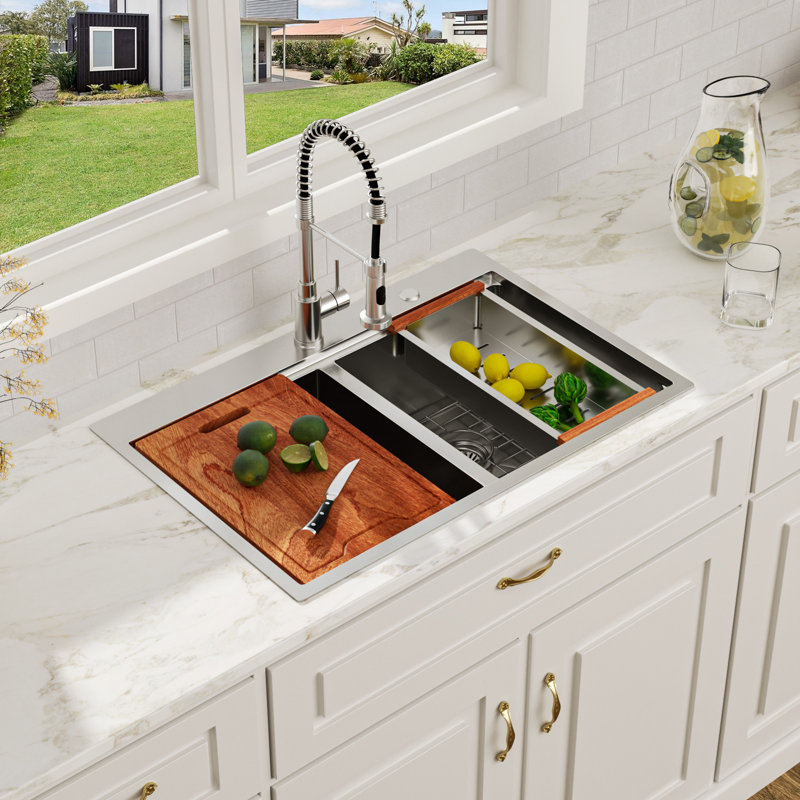 Évier de cuisine à double cuve encastrable en acier inoxydable avec accessoires L 33 po x l 22 po x P 10 po