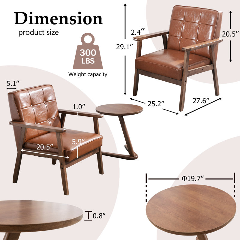 Judeth 3-Piece 25.2'' Two Armchair with Side Table Solid Wood Frame, Brown Faux Leather