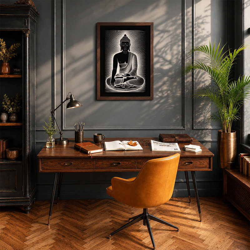 Meditative Buddha Japandi - Framed Print, A4 - 29.7 x 21.0 cm, Walnut