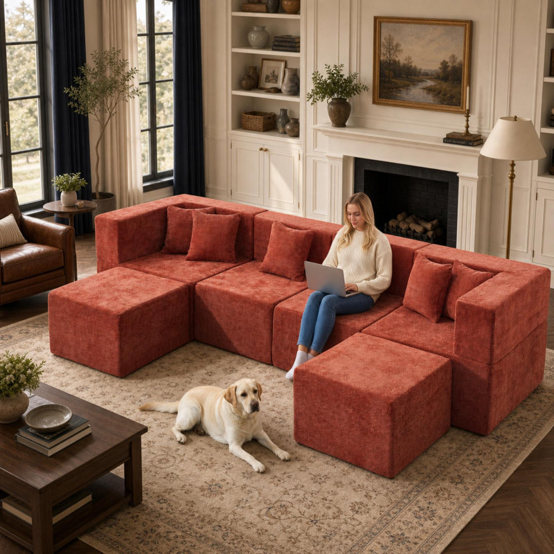 Canapé modulaire minimaliste en forme de U 129 po avec 2 repose-pieds, siège rembourré à siège profond de 129 po, aucun assemblage requis