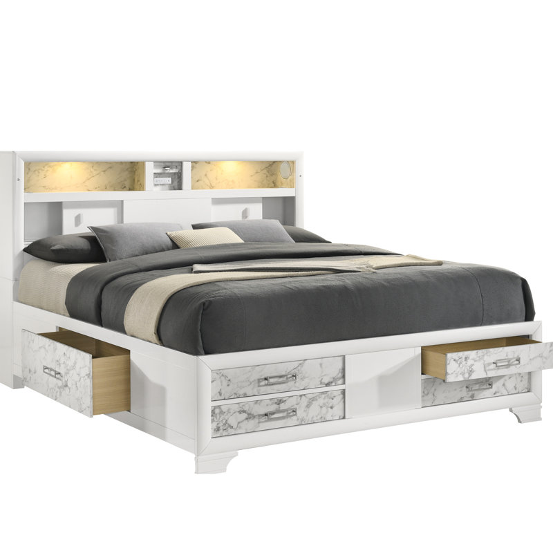 Lit double Soul de style moderne en bois et tiroirs en blanc
