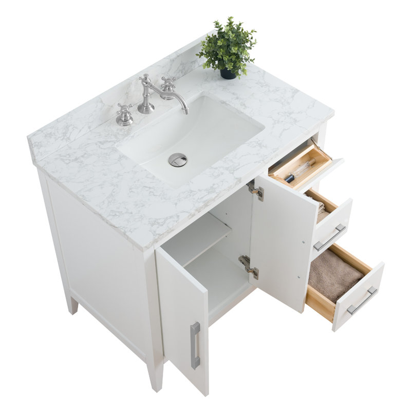 Chambery 36" Single Sink Bathroom Vanity with Engineered Marble Top, White, Brushed Nickel