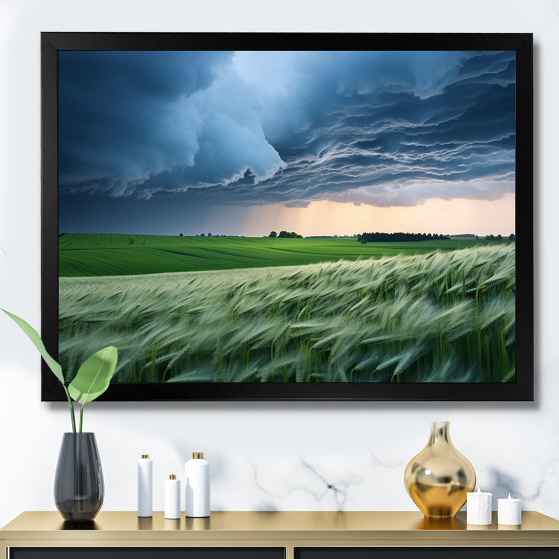 «Storm on Farm Landscape IV - Storms», art mural, Cadre d'angle fermé noir, H 16 po x l 32 po x P 1 po